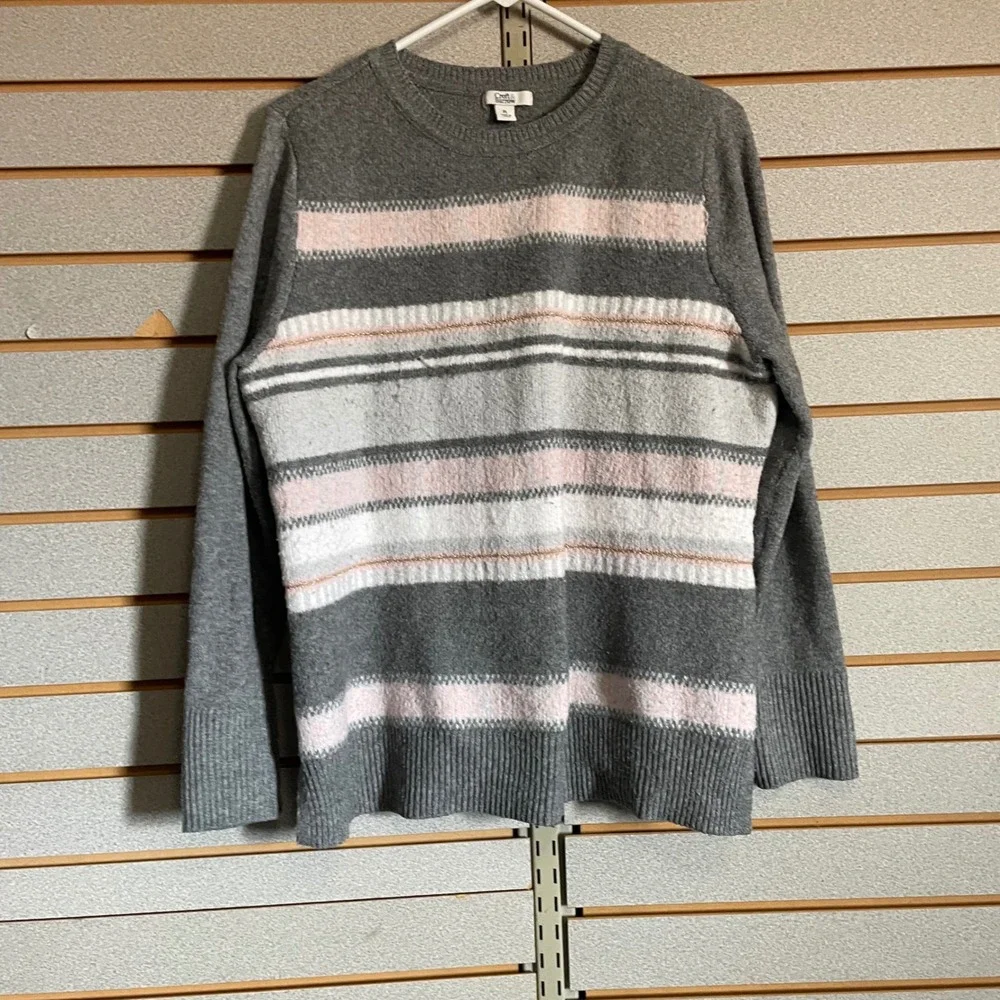 Croft & Barrow Womens Petite Large Grey Pink Striped Metallic‎ Crew Neck Sweater